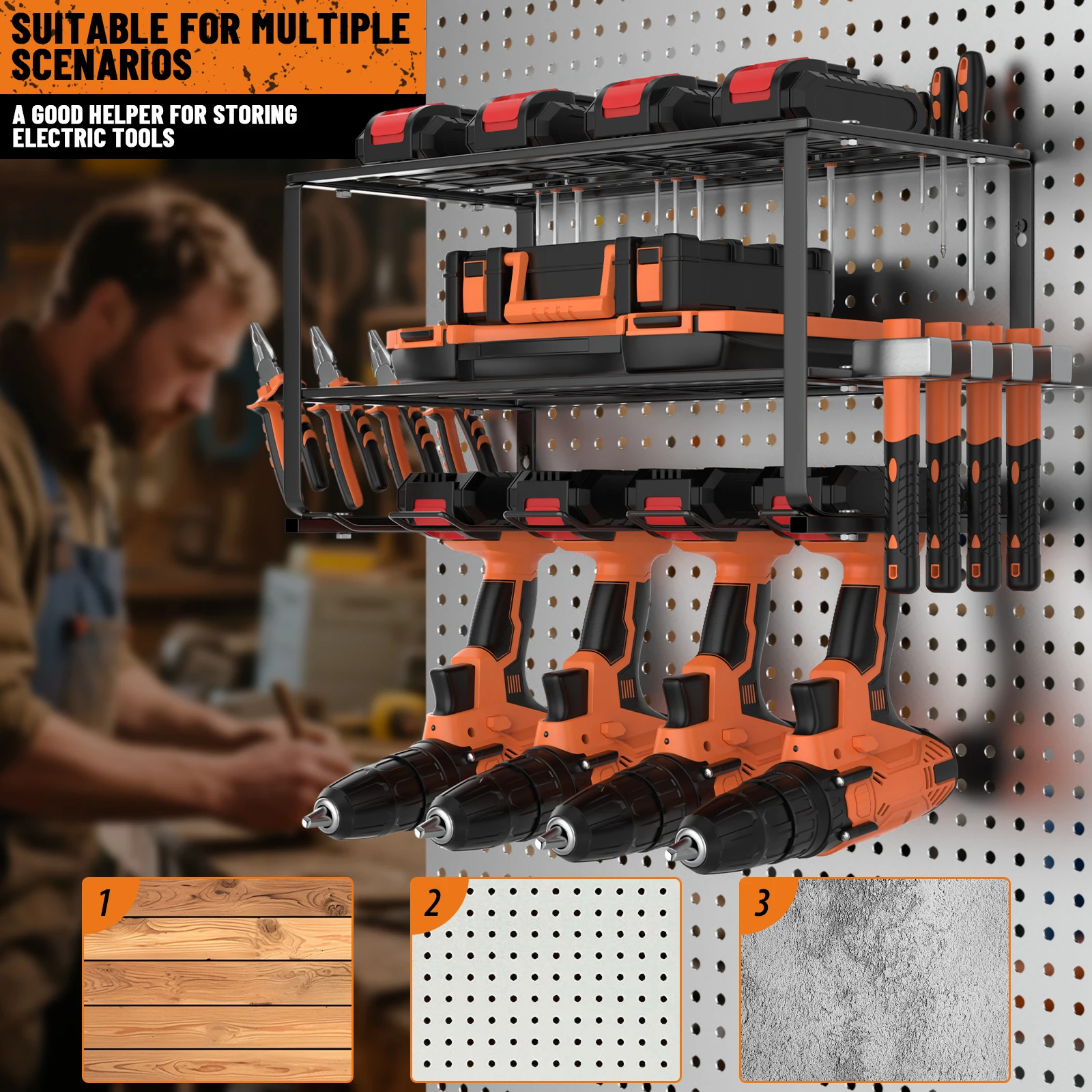 DayPlus 3-Tier Power Tool Storage, Heavy Duty Metal Tools Shelf Organizer Rack for 4 Drill Tools, Toolbox, Screwdrivers, Pliers thumbnail 6