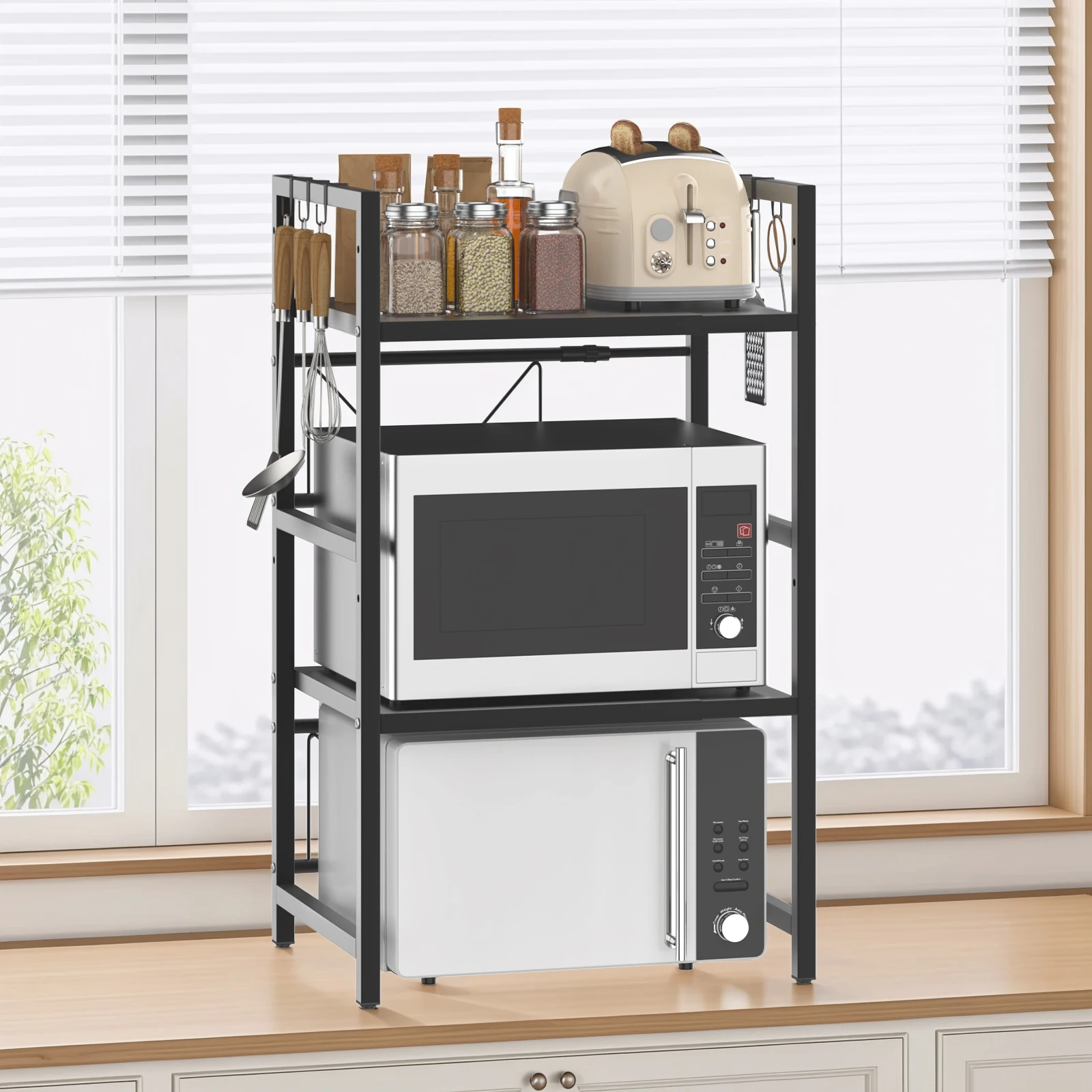Extendable Microwave Rack, 3 Tier Microwave Rack with 6 Hooks, Microwave Rack, Kitchen Countertop Organiser thumbnail 6