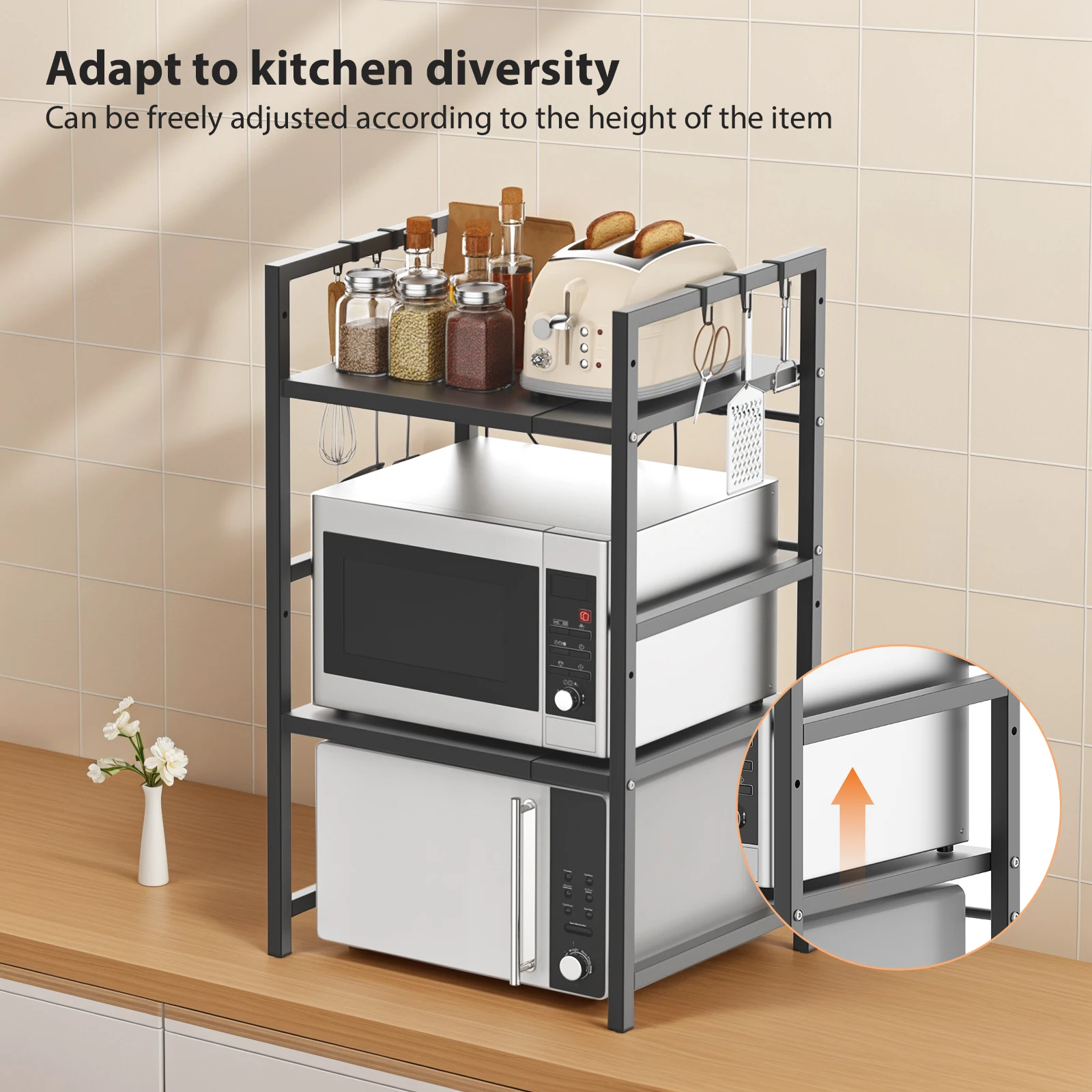 Extendable Microwave Rack, 3 Tier Microwave Rack with 6 Hooks, Microwave Rack, Kitchen Countertop Organiser thumbnail 3