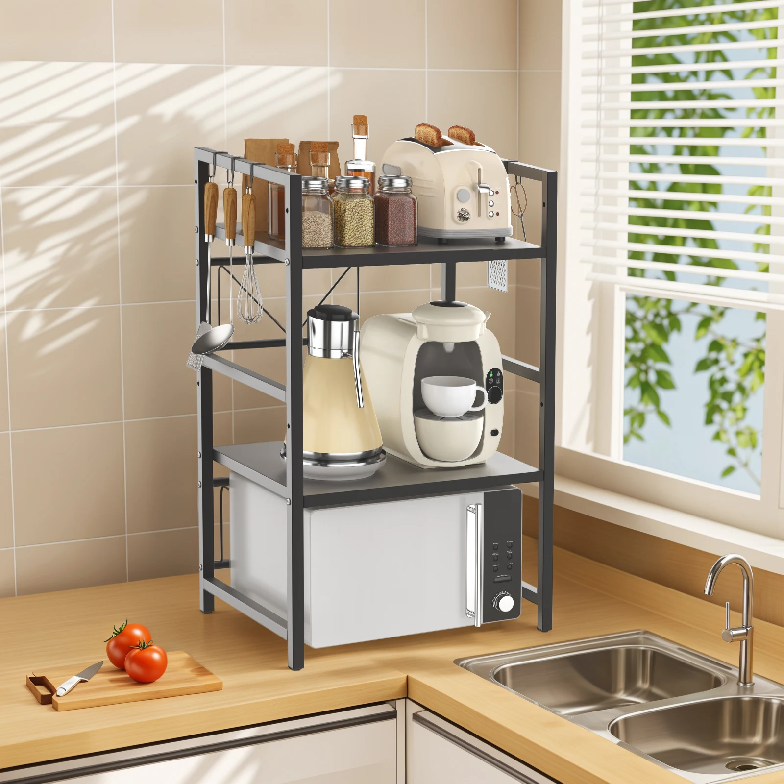 Extendable Microwave Rack, 3 Tier Microwave Rack with 6 Hooks, Microwave Rack, Kitchen Countertop Organiser thumbnail 2