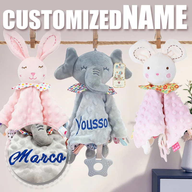Personalised Baby Elephant Security Blanket Organic Cotton Comforter with Silicone Teether Infant Shower Gift thumbnail 3