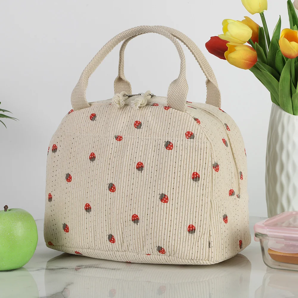 Strawberry/Daisy Corduroy Thermal Bento Bag Large Capacity Insulated Lunch Bag Multi-Function Cute Lunch Bag for Office School thumbnail 2