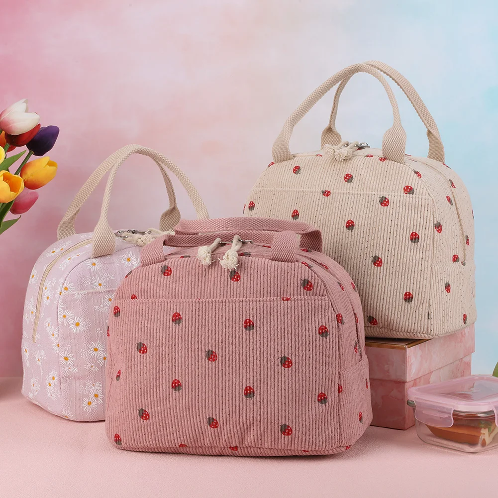 Strawberry/Daisy Corduroy Thermal Bento Bag Large Capacity Insulated Lunch Bag Multi-Function Cute Lunch Bag for Office School thumbnail 4