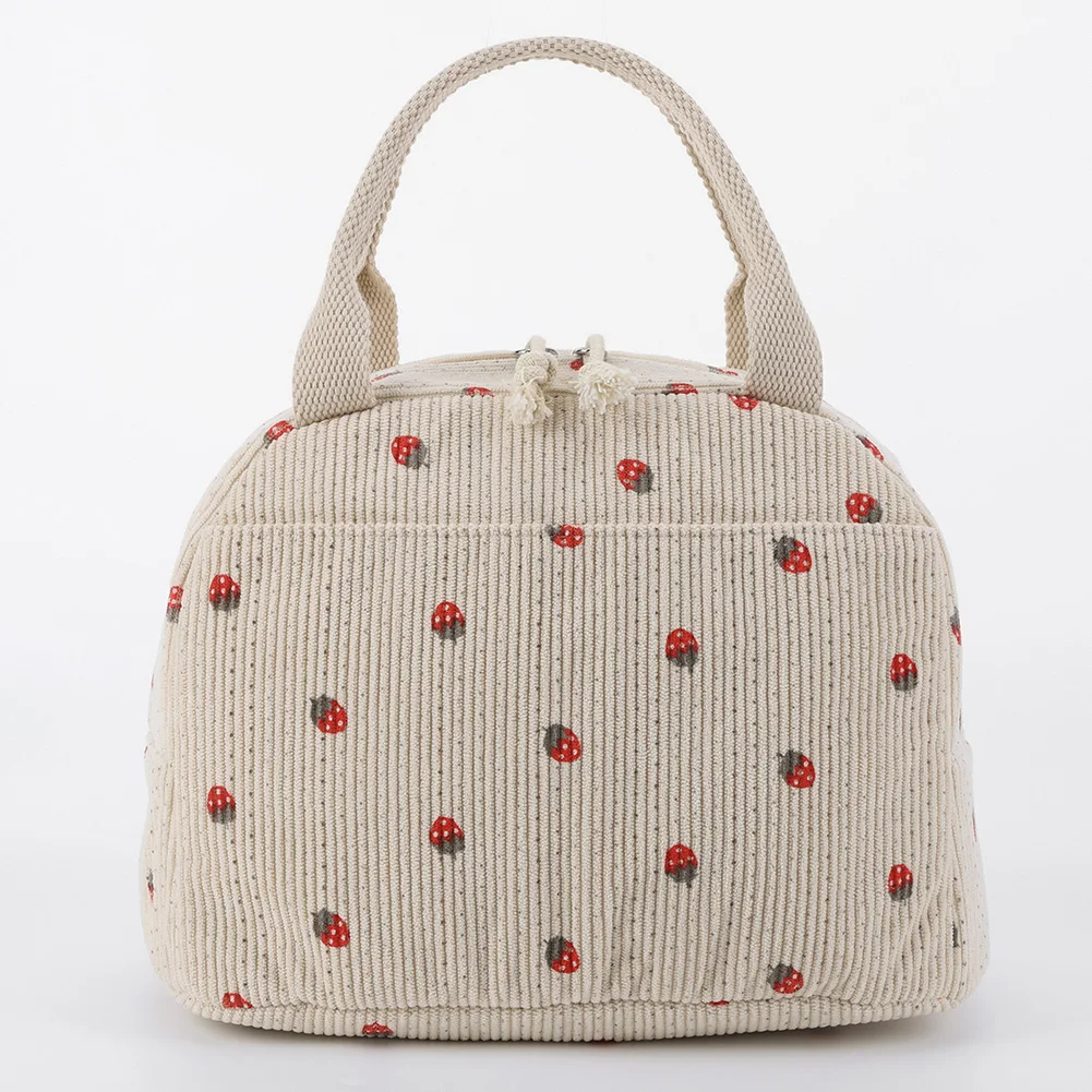 Strawberry/Daisy Corduroy Thermal Bento Bag Large Capacity Insulated Lunch Bag Multi-Function Cute Lunch Bag for Office School thumbnail 6