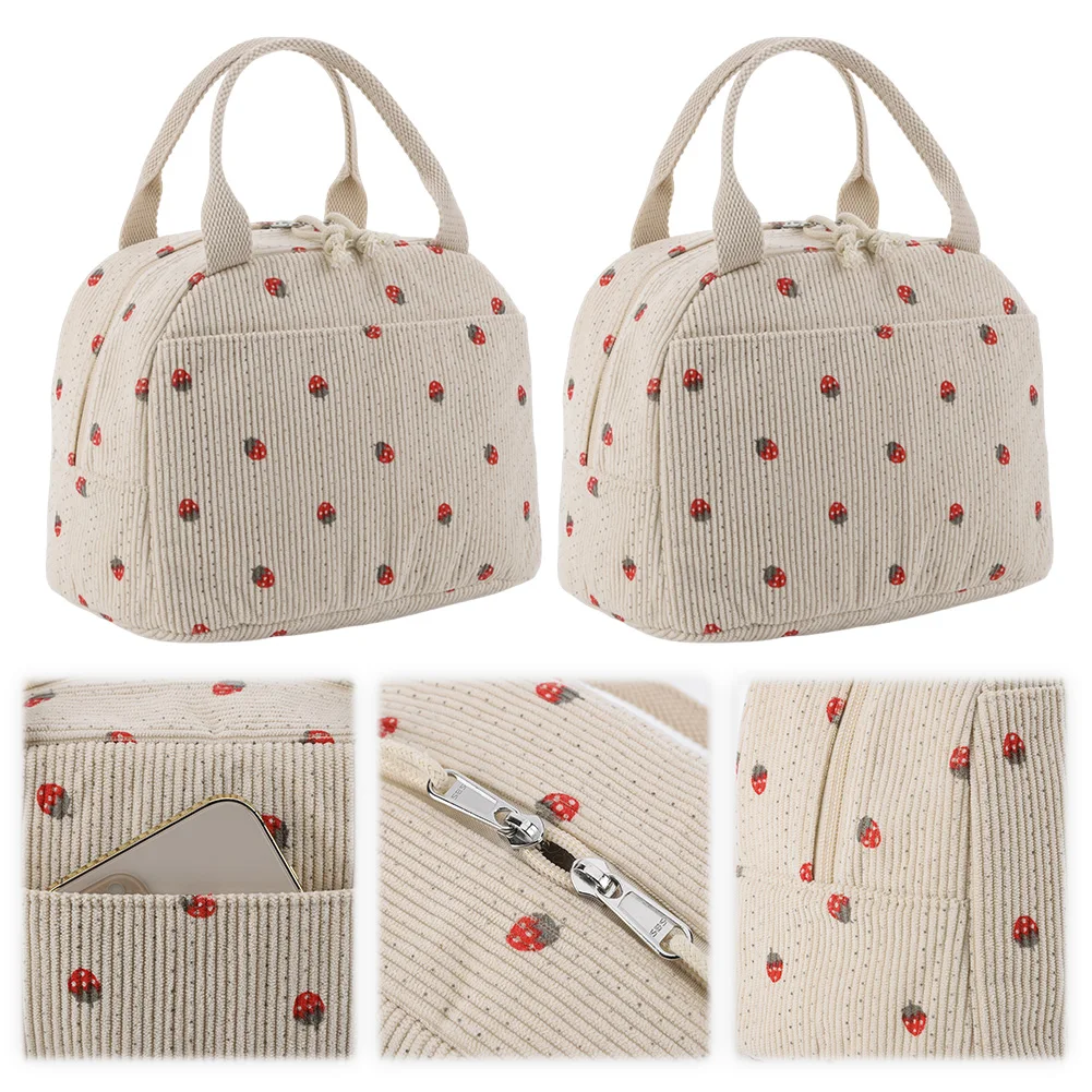 Strawberry/Daisy Corduroy Thermal Bento Bag Large Capacity Insulated Lunch Bag Multi-Function Cute Lunch Bag for Office School