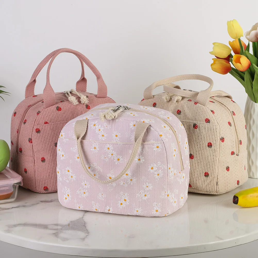 Strawberry/Daisy Corduroy Thermal Bento Bag Large Capacity Insulated Lunch Bag Multi-Function Cute Lunch Bag for Office School thumbnail 3