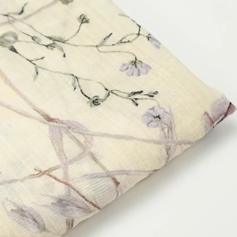 Faint Yellow Blossom Print Semi Sheer Fabric Curtains Hanfu Skirt Cheongsam Dressmaking Handmade DIY Material Designer Textile