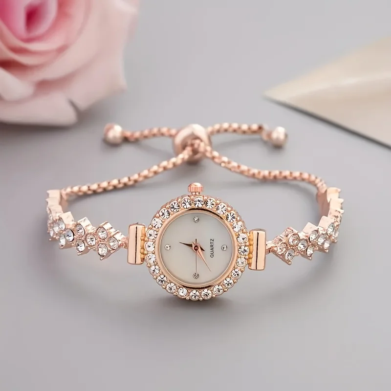 1 piece of elegant women's quartz watch, paired with luxurious rhinestone embellishment - gold simulated bracelet thumbnail 2