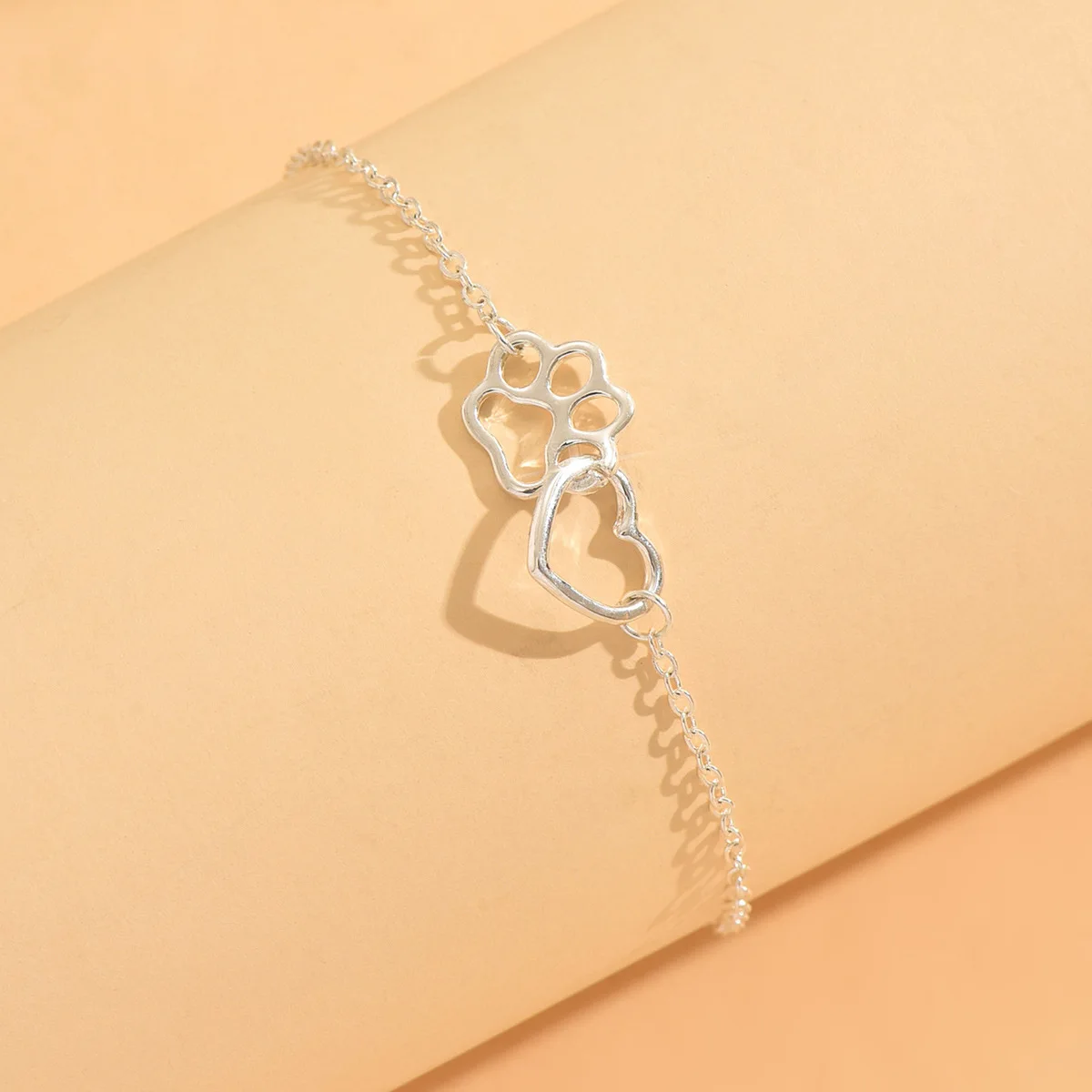 925 sterling silver women's ankle bracelet with double-layer cat claw and heart-shaped charms, Bohemian-style vacation jewelry thumbnail 3