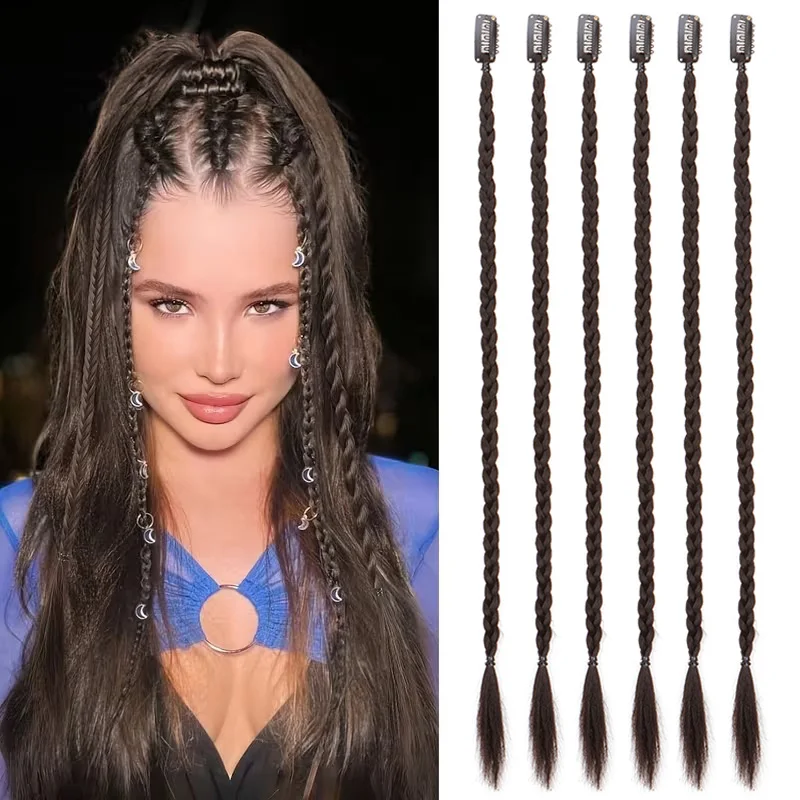 6pcs Synthetic Long Straight Box Braid Hair Extension Clip in Ponytail High-Temperature Fiber Hairpiece for Women Accessories