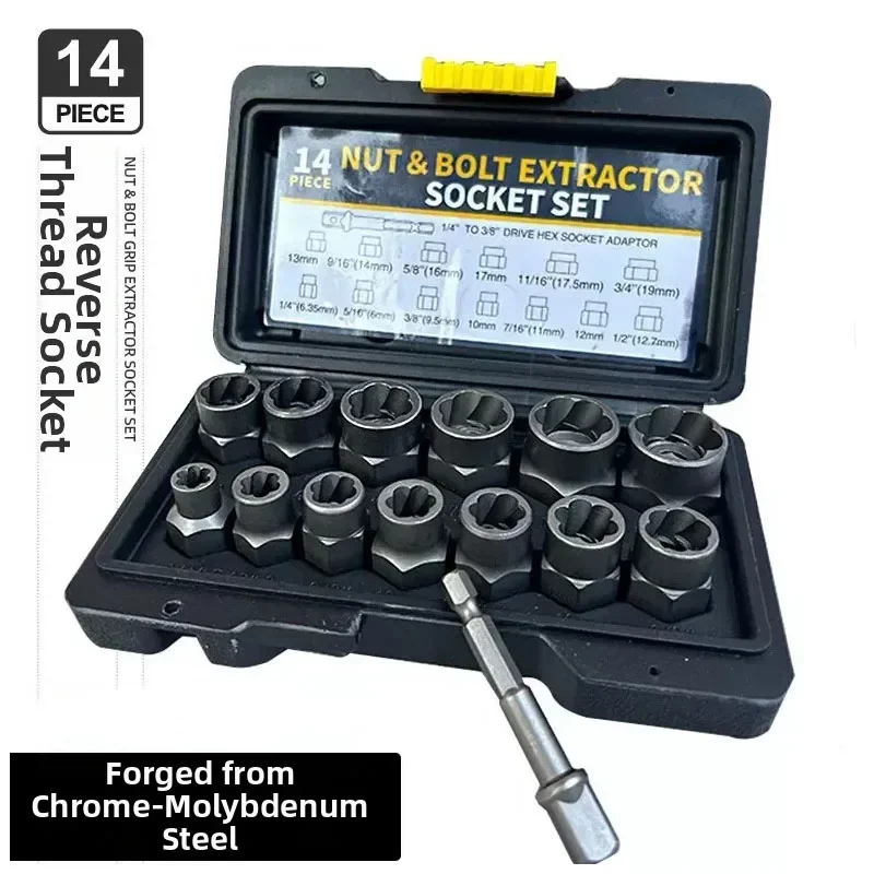 14pcs Stripped Bolt Extractor Set Bolt Remover Set Damaged Bolt Removal Tool for Damaged Frozen Studs Rusted Rounded-Off Bolts