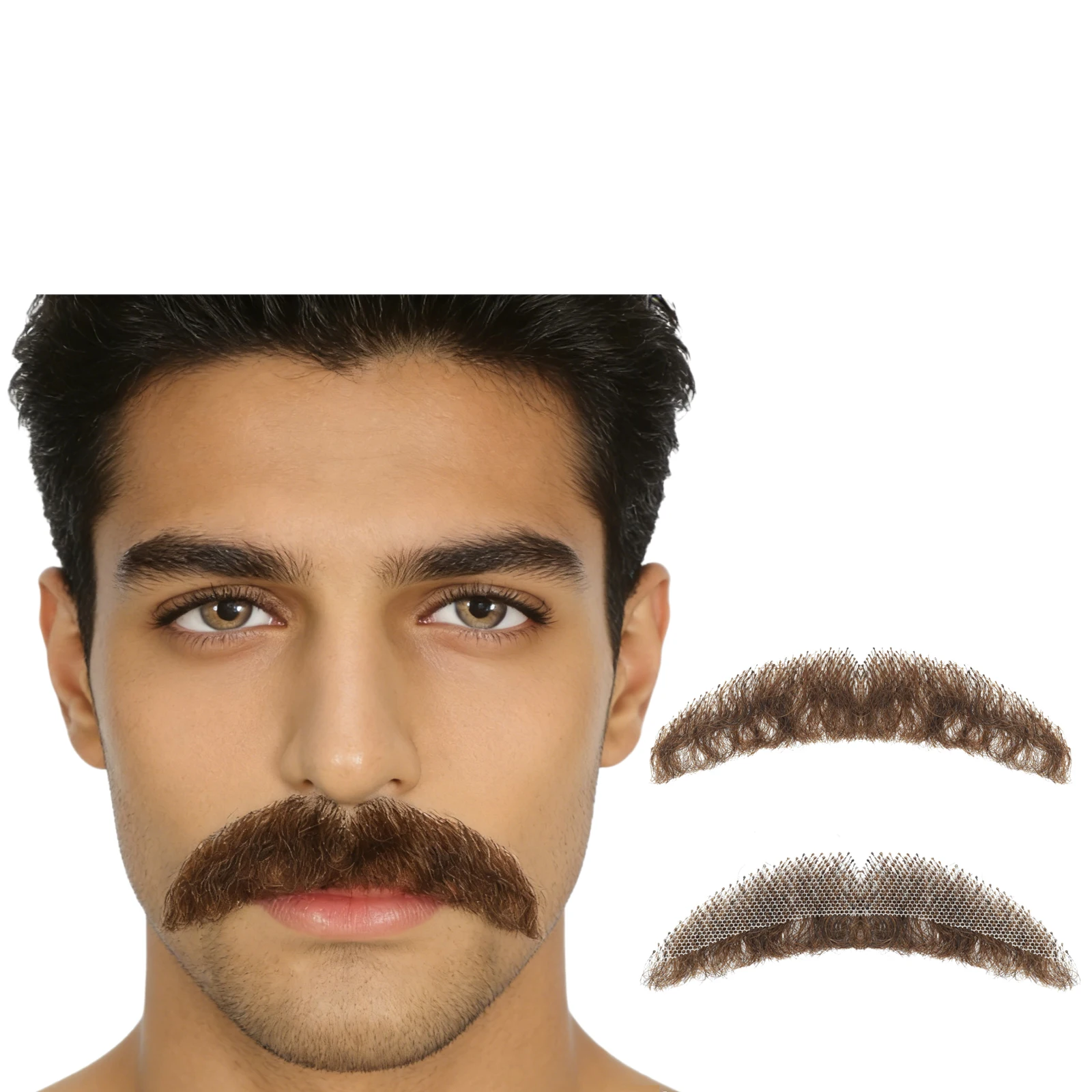 Natural Curly Fake Beard and Mustache for Men Hand Tied Invisible Lace Realistic Facial Hair for Theatrical Cosplay Costume