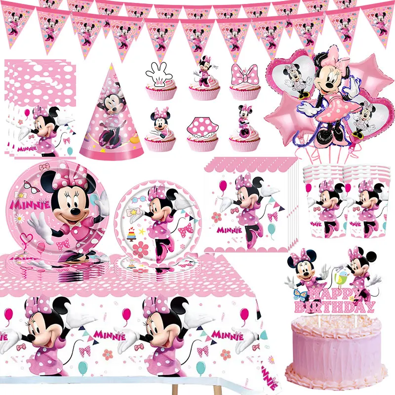 New Minnie Birthday Decoration Cute Minnie Mouse Tableware Set Plates Cups Napkins Balloons Banner Gift Bags Kids Party Supplies