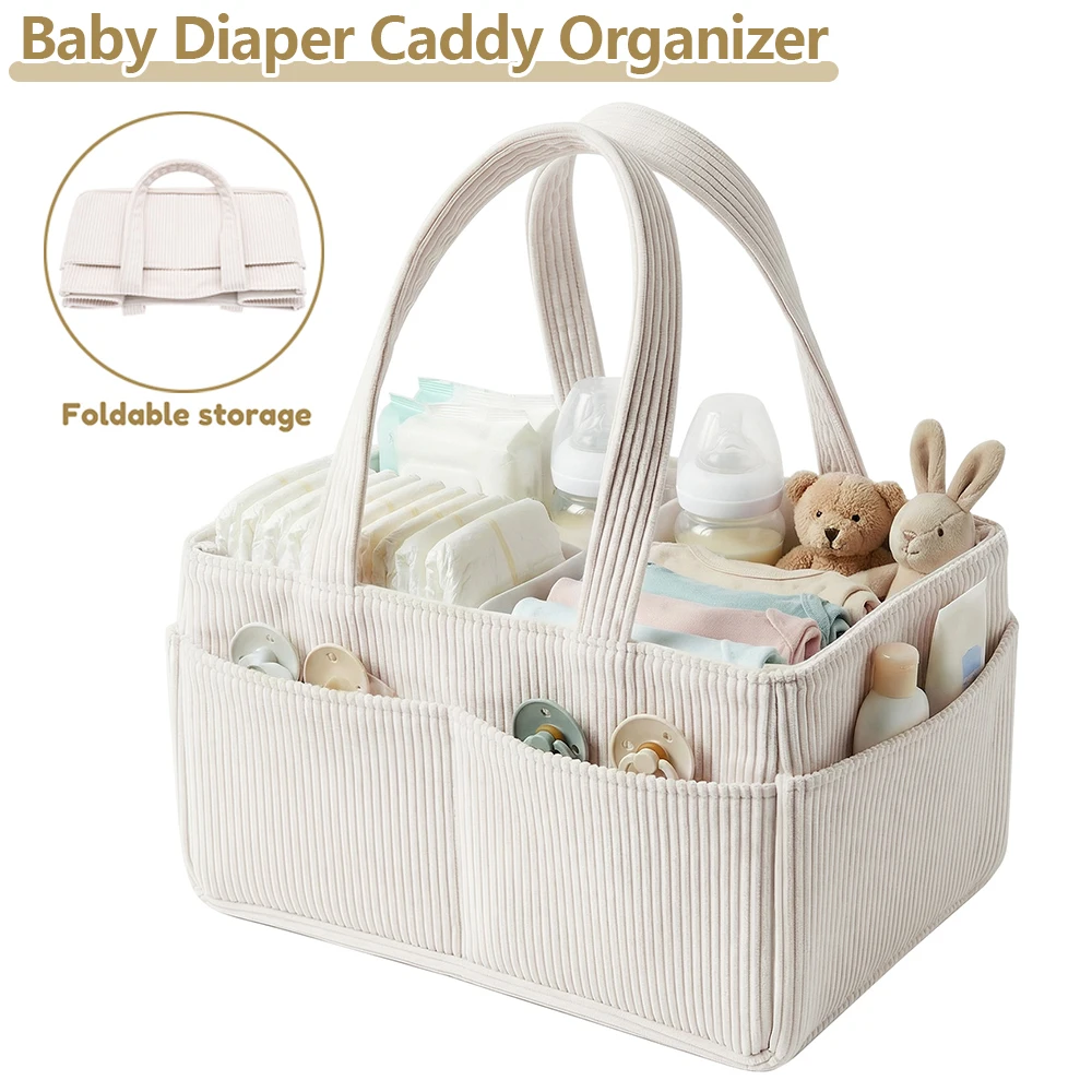 Baby Diaper Caddy Organizer Corduroy Diaper Storage Basket with Handle Foldable Multi-pocket Newborn Nappy Storage Organizer