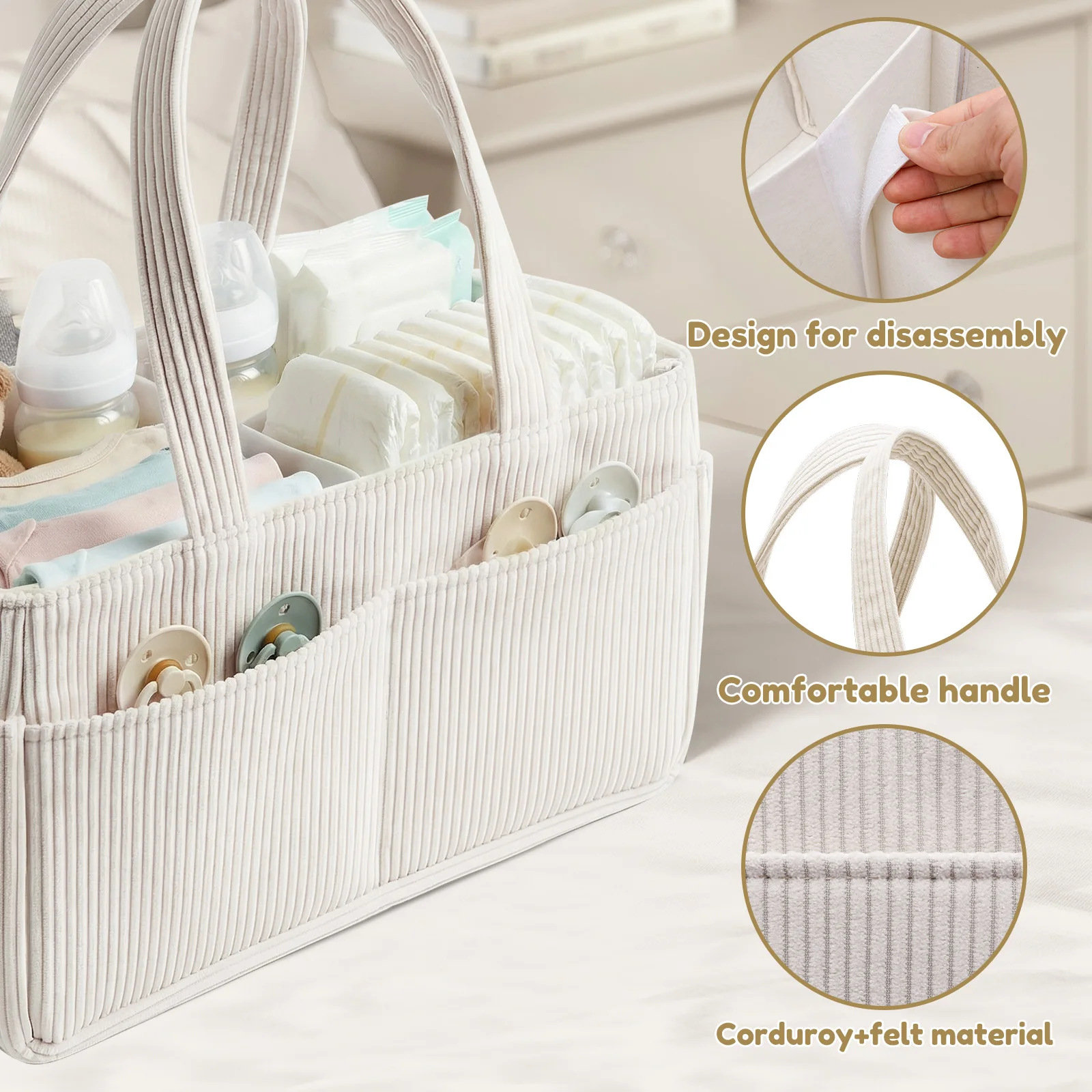 Baby Diaper Caddy Organizer Corduroy Diaper Storage Basket with Handle Foldable Multi-pocket Newborn Nappy Storage Organizer thumbnail 3