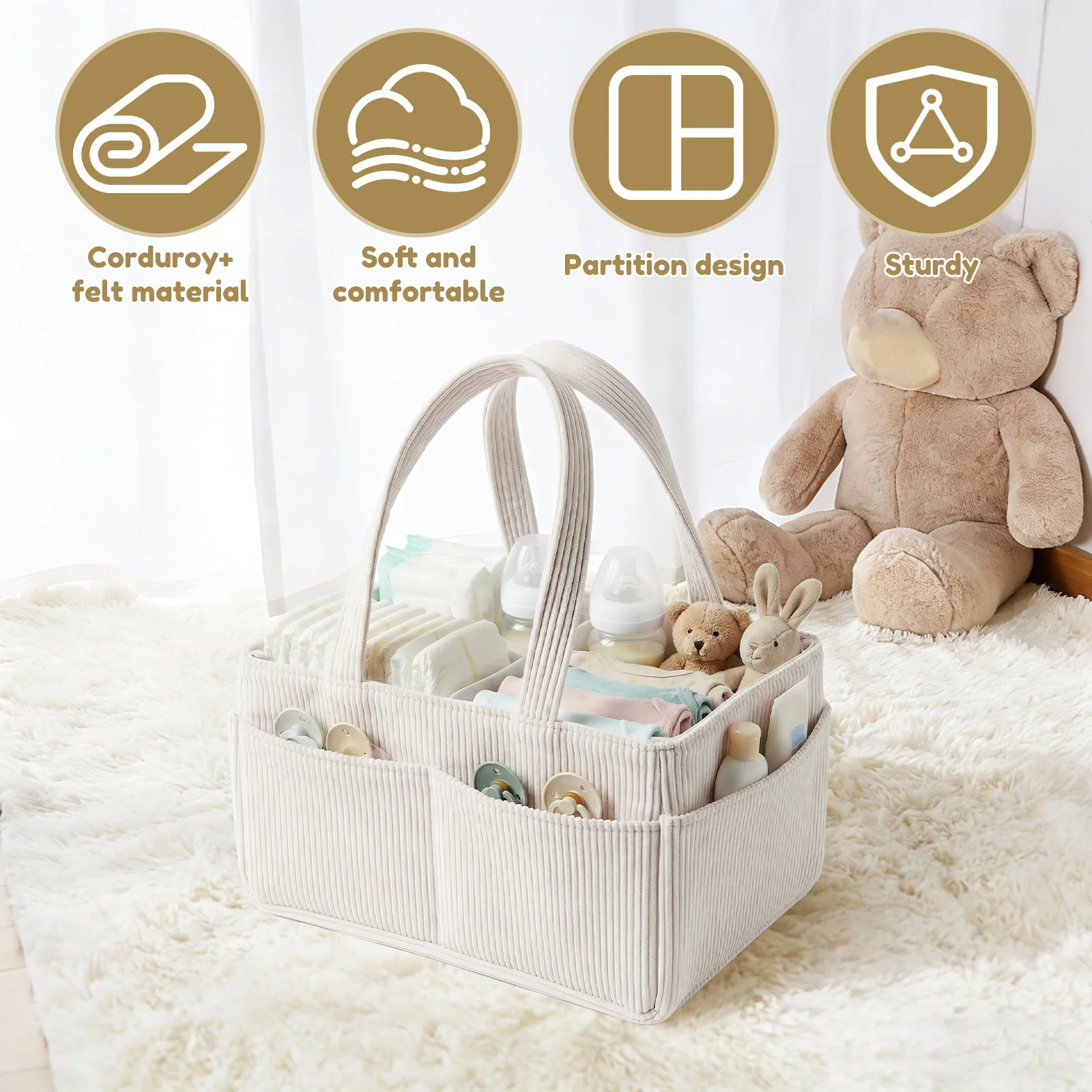 Baby Diaper Caddy Organizer Corduroy Diaper Storage Basket with Handle Foldable Multi-pocket Newborn Nappy Storage Organizer thumbnail 2