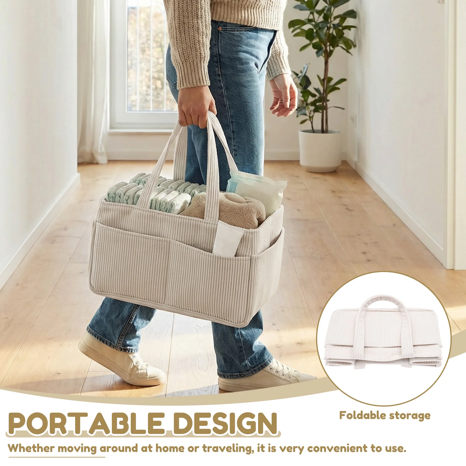 Baby Diaper Caddy Organizer Corduroy Diaper Storage Basket with Handle Foldable Multi-pocket Newborn Nappy Storage Organizer thumbnail 4