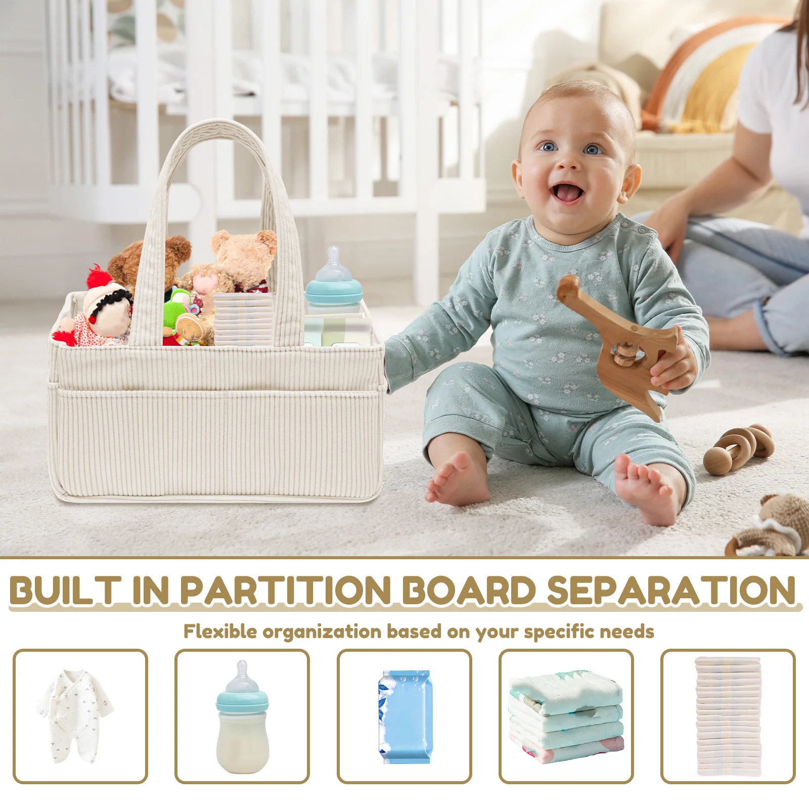 Baby Diaper Caddy Organizer Corduroy Diaper Storage Basket with Handle Foldable Multi-pocket Newborn Nappy Storage Organizer thumbnail 5