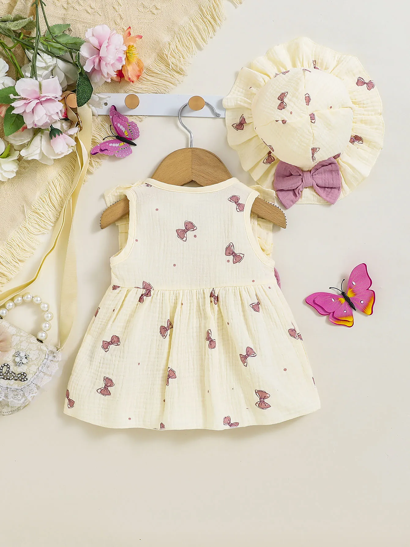 2Pcs Baby girl Dress Round neck Bow print Ruffle Edge Dress+Hat Set suitable for Giving to 0-9 Month Baby girl Newborn Dress thumbnail 2