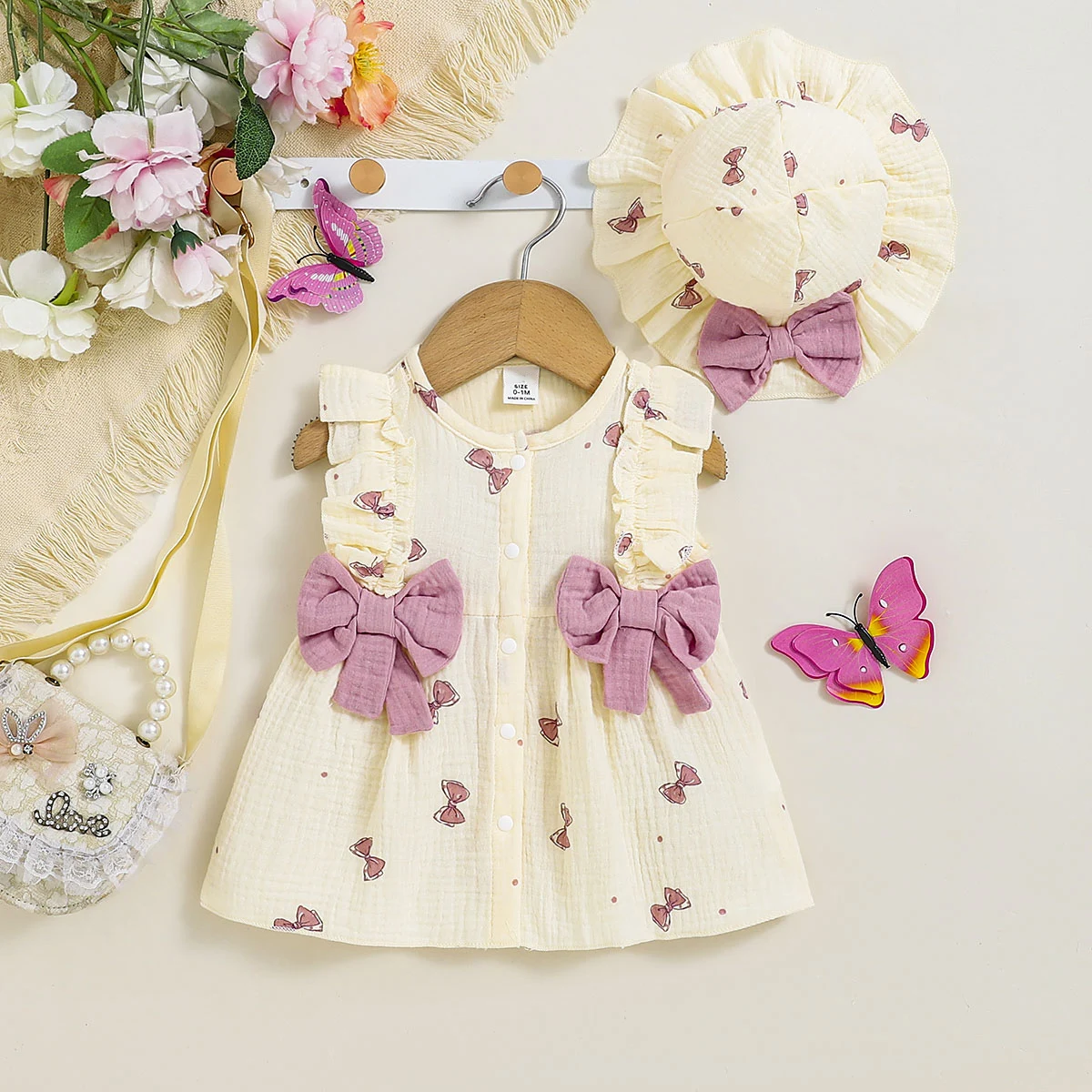 2Pcs Baby girl Dress Round neck Bow print Ruffle Edge Dress+Hat Set suitable for Giving to 0-9 Month Baby girl Newborn Dress