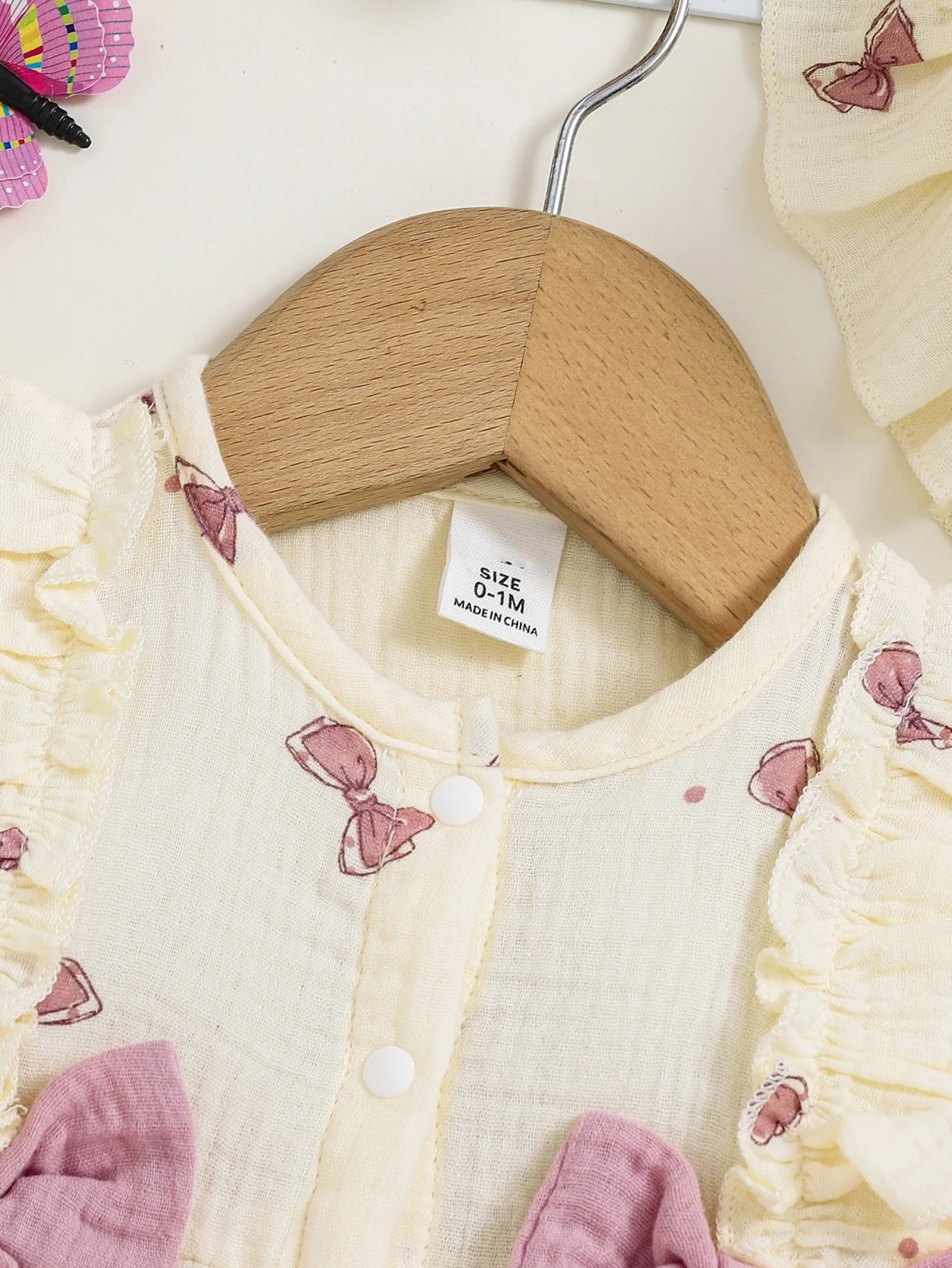 2Pcs Baby girl Dress Round neck Bow print Ruffle Edge Dress+Hat Set suitable for Giving to 0-9 Month Baby girl Newborn Dress thumbnail 5