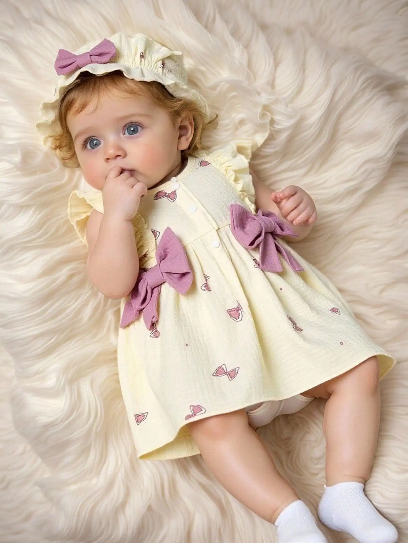 2Pcs Baby girl Dress Round neck Bow print Ruffle Edge Dress+Hat Set suitable for Giving to 0-9 Month Baby girl Newborn Dress thumbnail 3