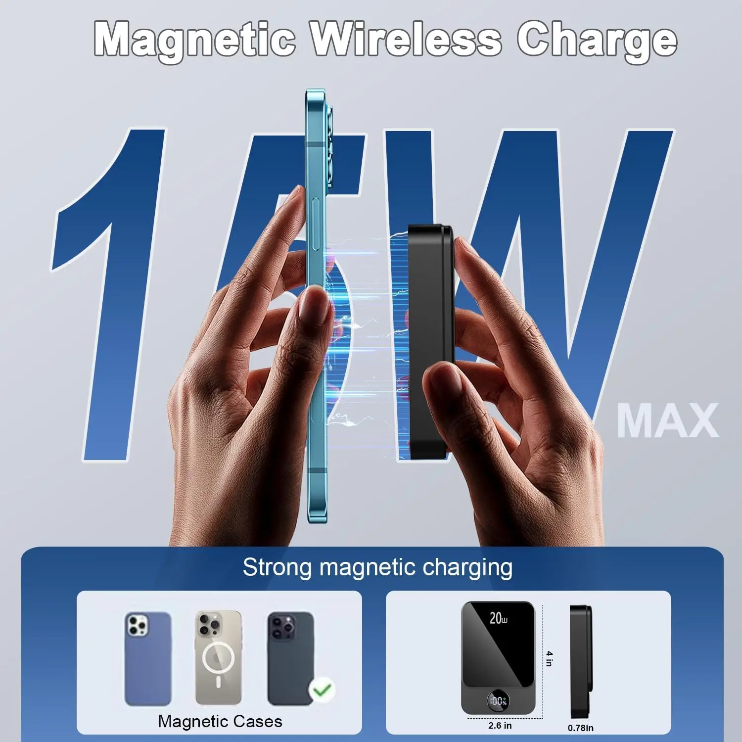 10000mAh Magnetic Power Bank,15W Wireless & 20W Fast Charger,10N Strong Magnet for iPhone, USB-C/A Output, Portable Battery Pack thumbnail 3