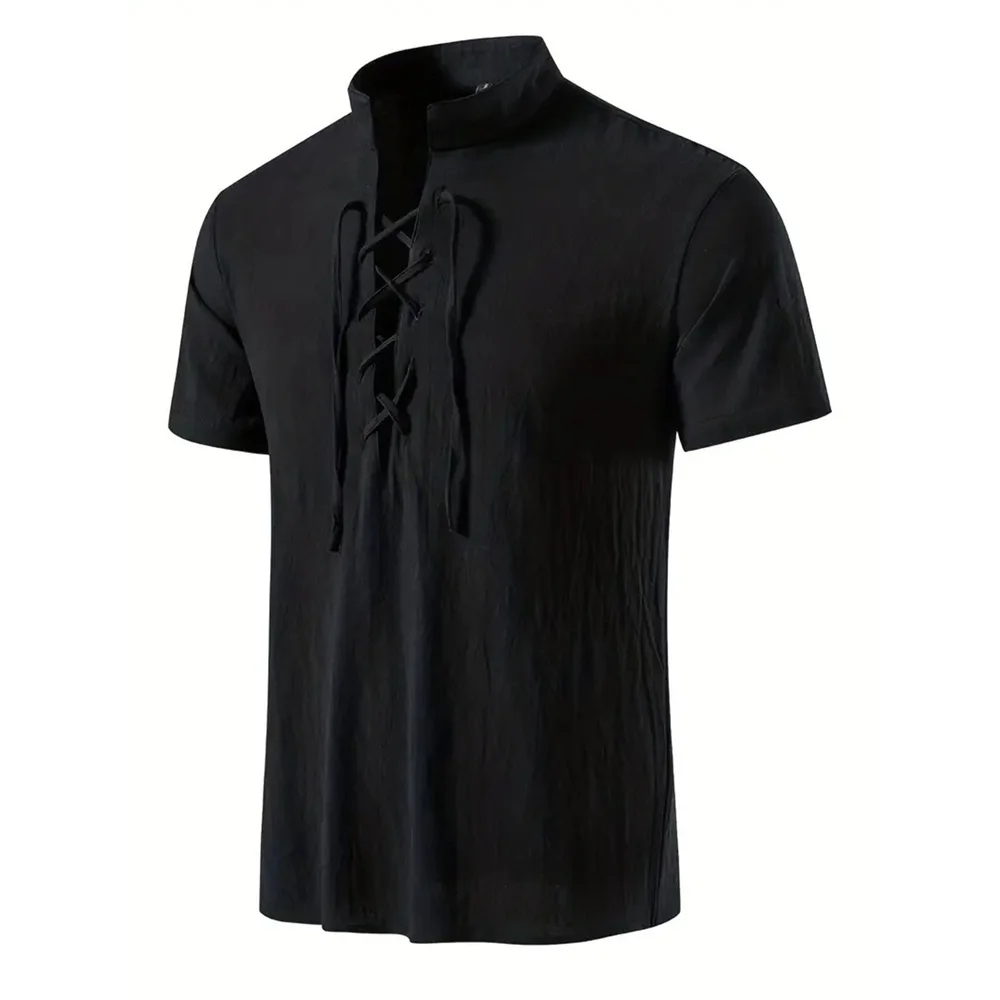 Men's Retro Shirt Short Sleeve Cotton Linen Lightweight Breathable Solid Color Fashion Tops Pirate V-neck Male Stylish Shirs thumbnail 4