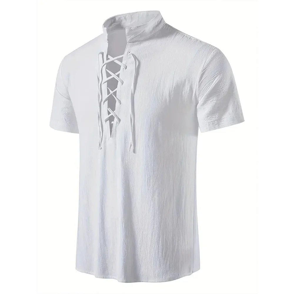 Men's Retro Shirt Short Sleeve Cotton Linen Lightweight Breathable Solid Color Fashion Tops Pirate V-neck Male Stylish Shirs thumbnail 2