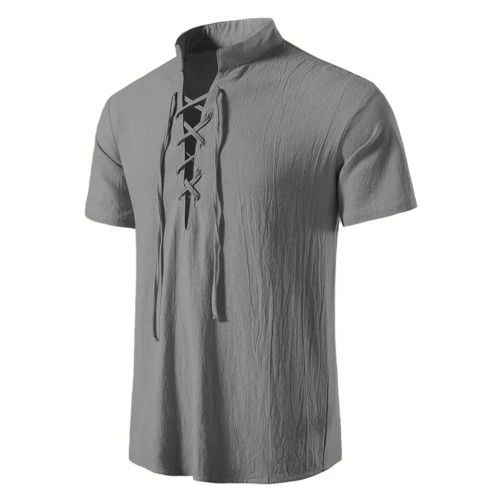 Men's Retro Shirt Short Sleeve Cotton Linen Lightweight Breathable Solid Color Fashion Tops Pirate V-neck Male Stylish Shirs thumbnail 3