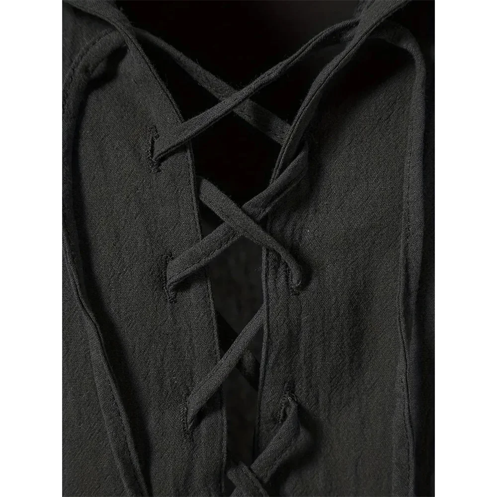 Men's Retro Shirt Short Sleeve Cotton Linen Lightweight Breathable Solid Color Fashion Tops Pirate V-neck Male Stylish Shirs thumbnail 5