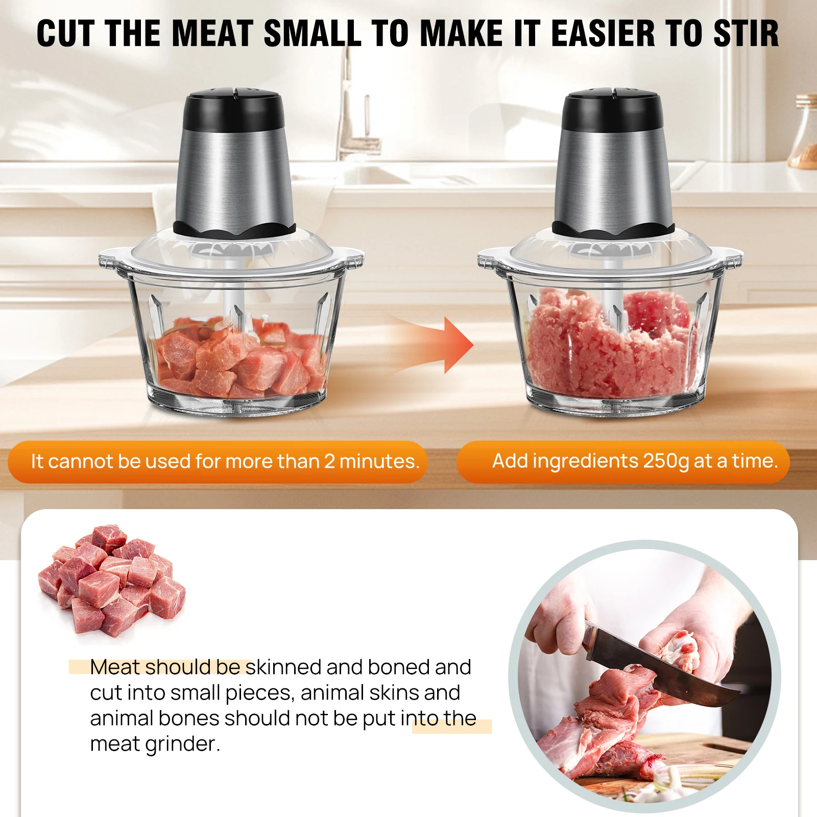 Meat Grinder 300W Electric Multi Blender Mixer with 2L Glass Container,2 Speed Settings,4 Stainless Steel Blades Easy to Clean thumbnail 4