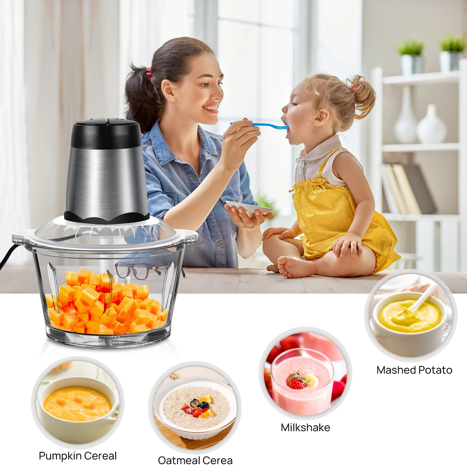 Meat Grinder 300W Electric Multi Blender Mixer with 2L Glass Container,2 Speed Settings,4 Stainless Steel Blades Easy to Clean thumbnail 6