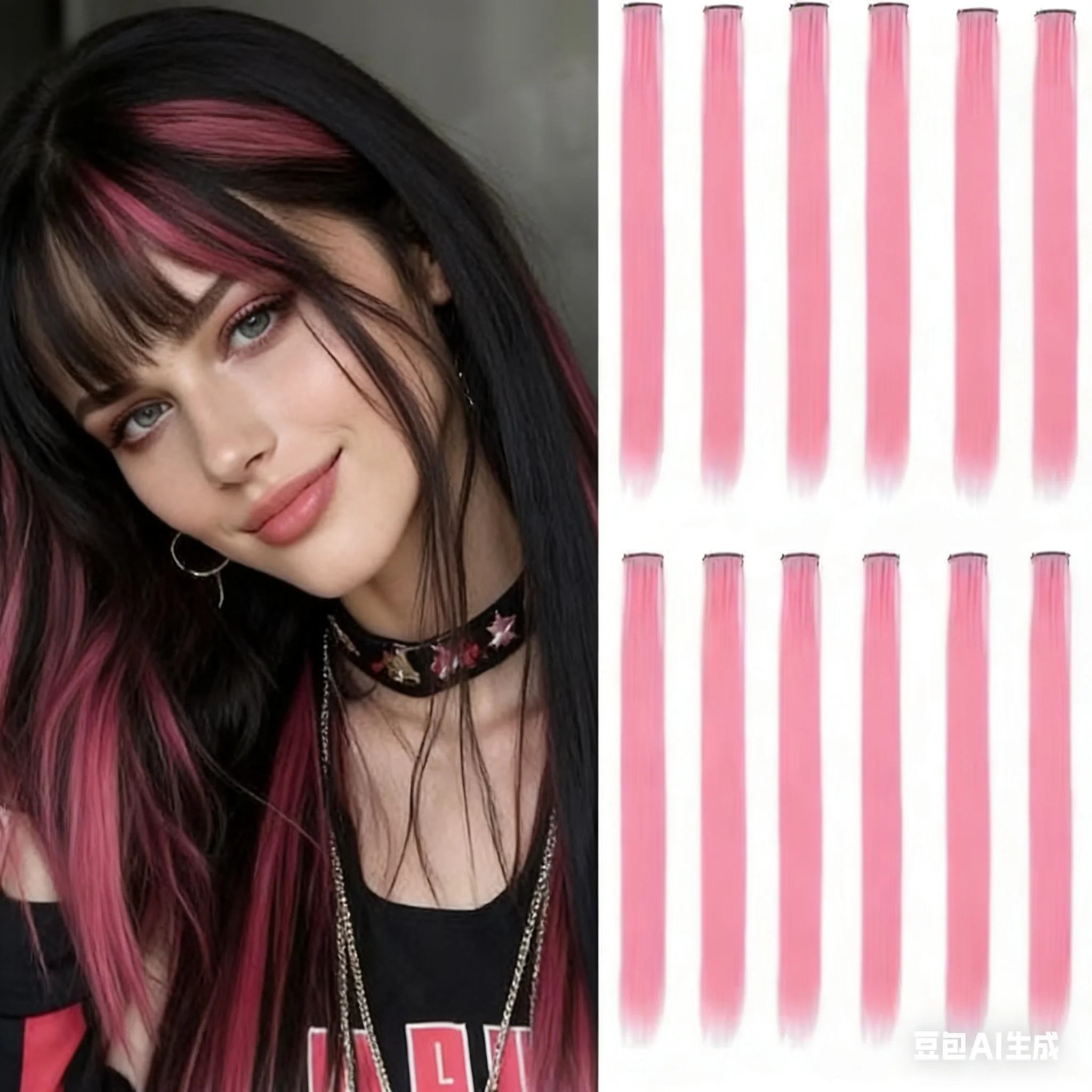 12 PCS Synthetic Hairpiece Black Hair Extensions Clip in, Colored Party Highlights Extension for Girls Women Straight 22 inch