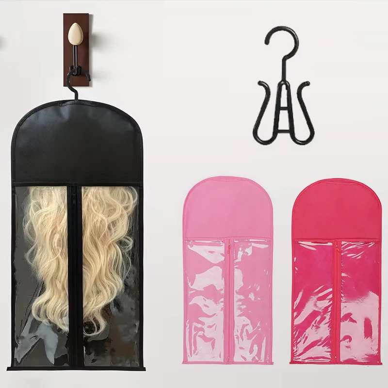 Transparent Wig Storage Bags with Hooks Dustproof Portable Design Wall-Mounted Zipper for Salon Home Use Sleek  Appearance