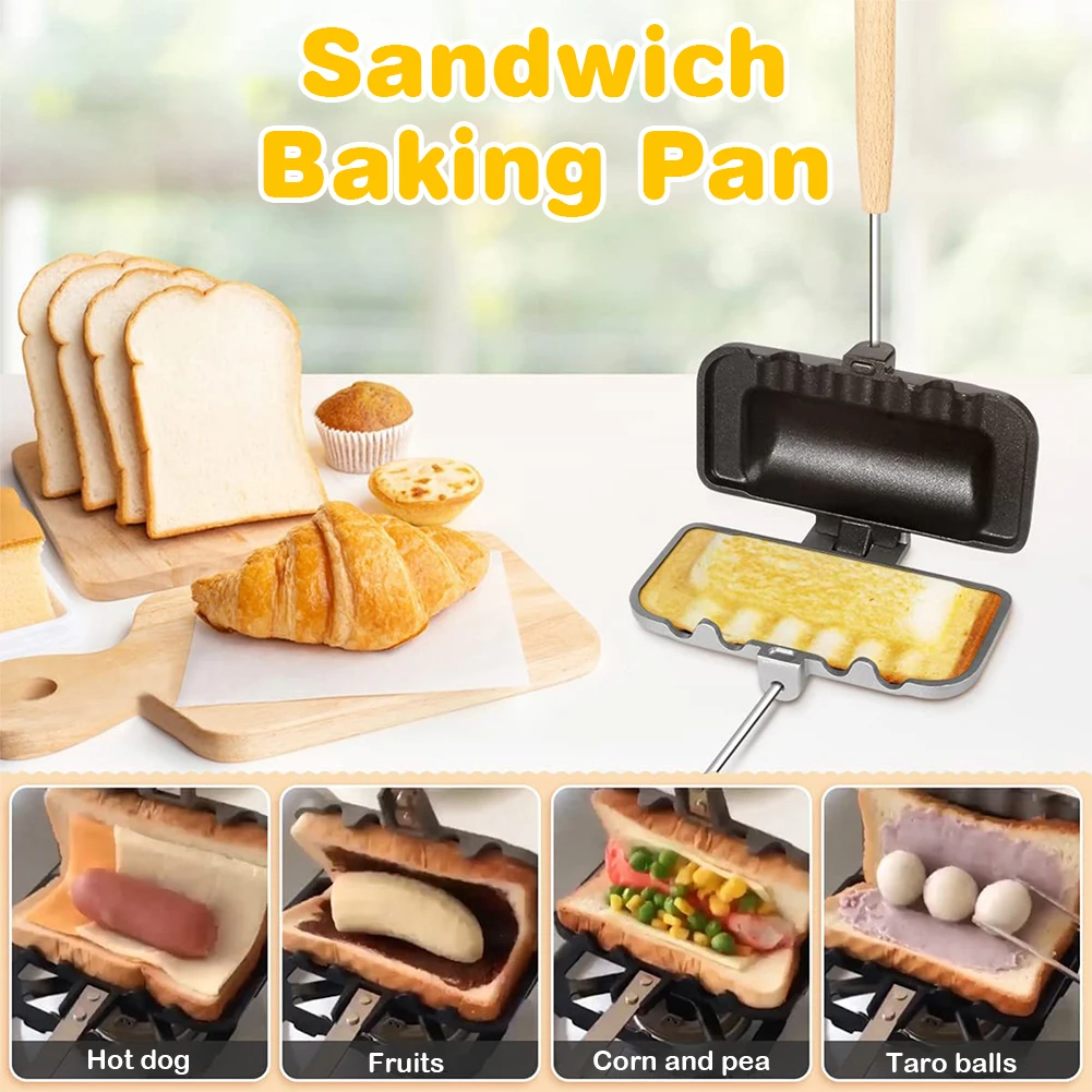 Hot Dog Toaster Double-Sided Non-Stick Pan Flip Design Compact Sandwich Maker for Home Camping Ergonomic Wood Handle Quick Snack thumbnail 5