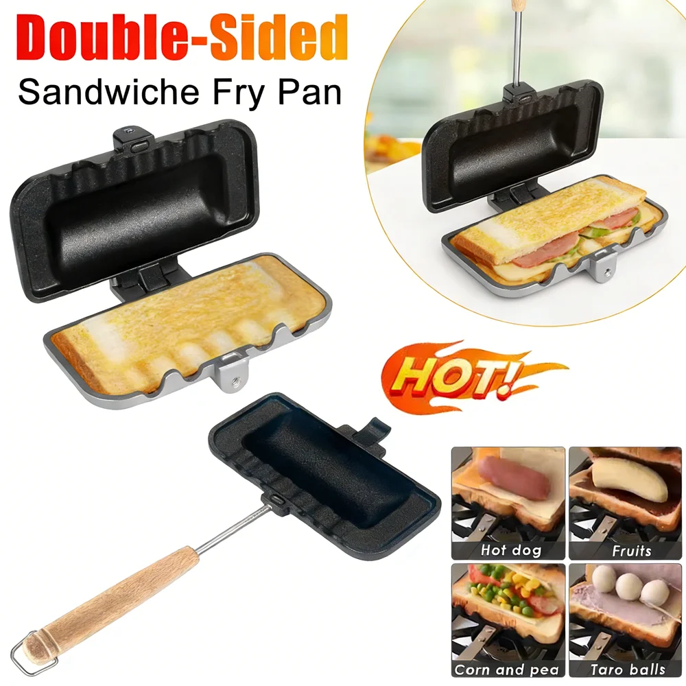 Hot Dog Toaster Double-Sided Non-Stick Pan Flip Design Compact Sandwich Maker for Home Camping Ergonomic Wood Handle Quick Snack thumbnail 3
