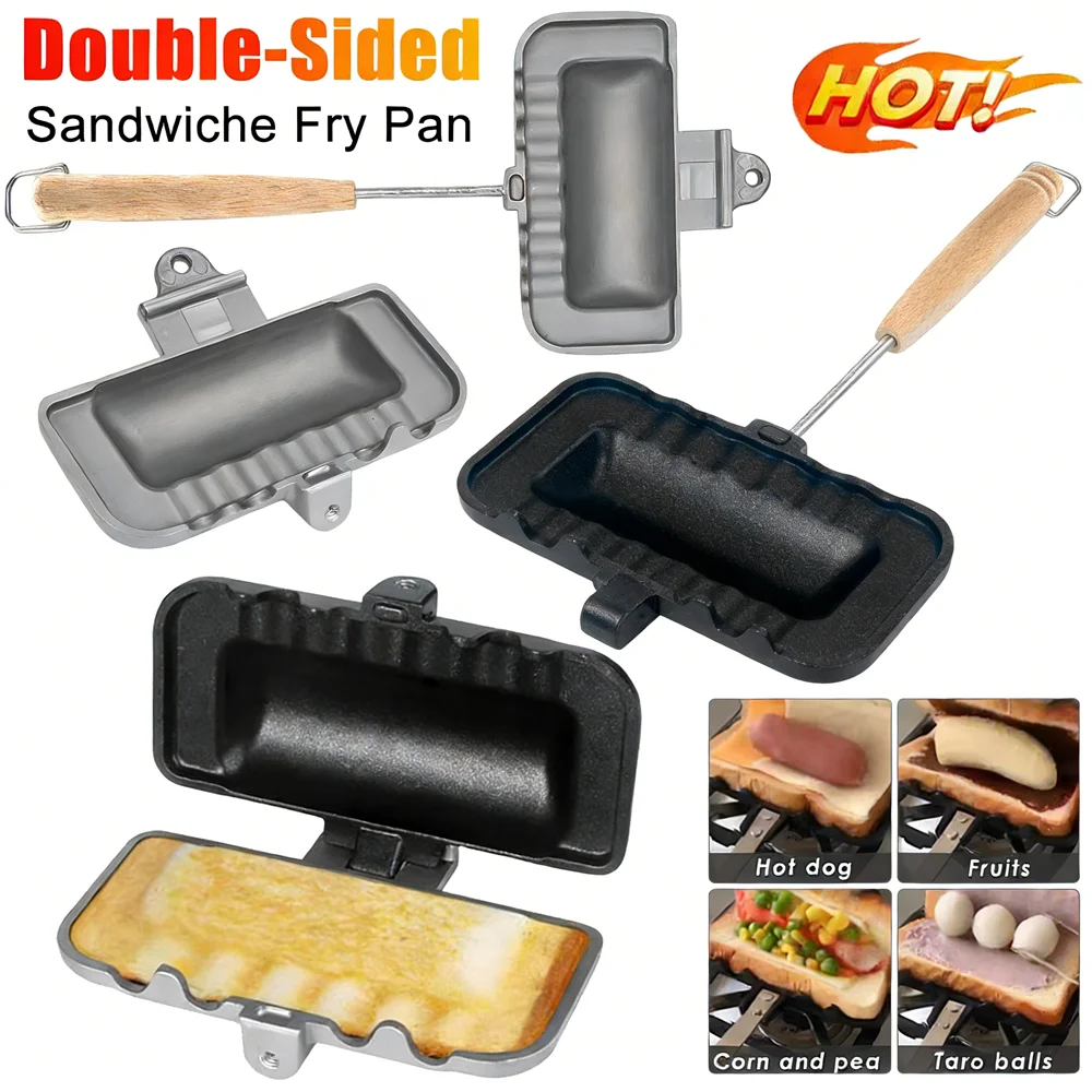 Hot Dog Toaster Double-Sided Non-Stick Pan Flip Design Compact Sandwich Maker for Home Camping Ergonomic Wood Handle Quick Snack thumbnail 2