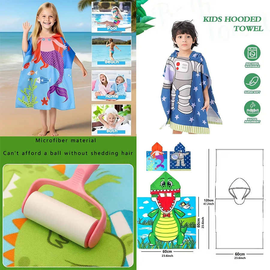 1 Pack of Cartoon Hooded Poncho Bath Towels for Children Aged 2-7, Made of Polyester Fiber with Strong Water Absorption, Cartoon-Themed Bath Towel, Suitable for Beach Trips, Bathroom Supplies thumbnail 6