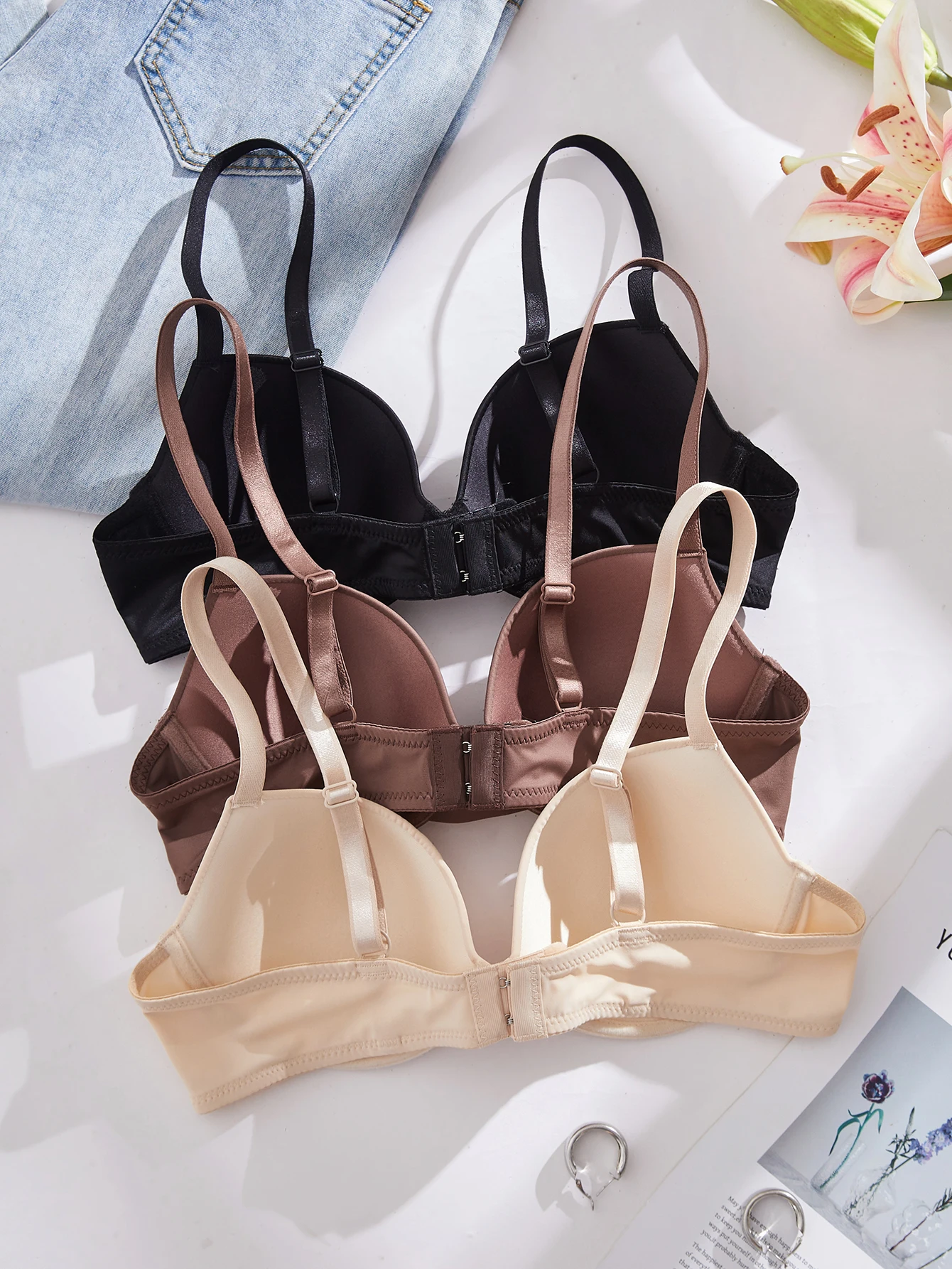 3Pcs Solid Women's Underwear Set Everyday Push up Bra Basic Underwire Bras Supportive and Comfortable Unpadded Women's Bra thumbnail 2