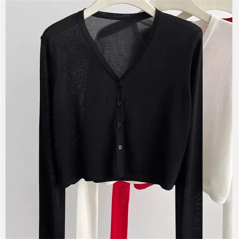 2026 Korean Women's Clothing Ice Silk Protection Summer Outerwear Women's Fashion Air Conditioner Cover Up V-Neck Short Coat thumbnail 2