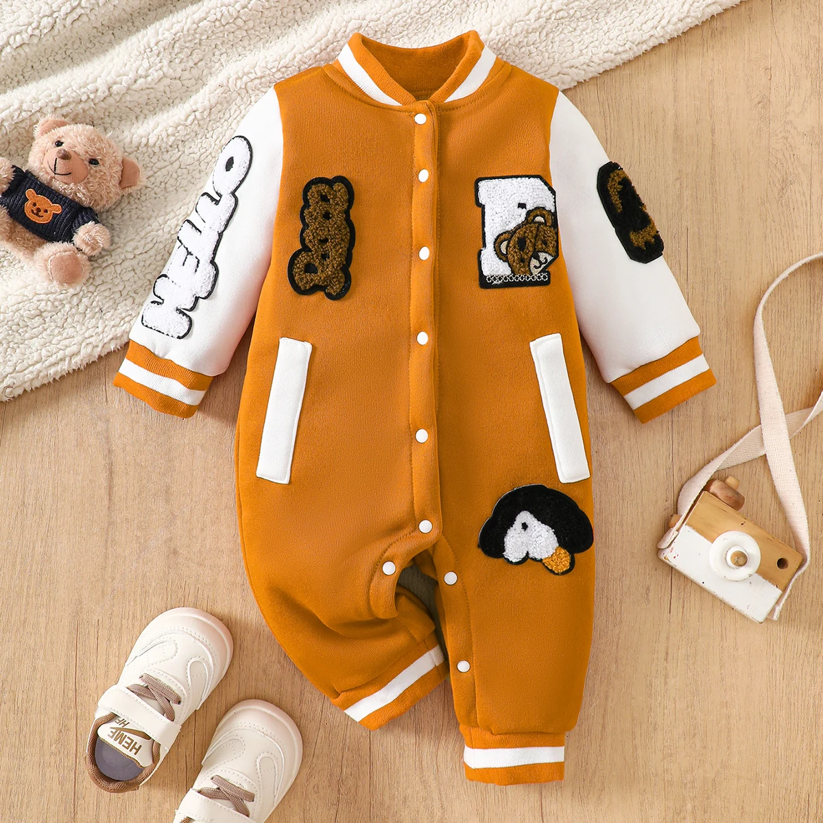 【Retro Baseball Style】Baby Boy Fleece-Lined Jumpsuit Caramel Orange Color Block Design + Heavy Embroidery + Bear and Penguin Pattern Baby Autumn/Winter Outfit