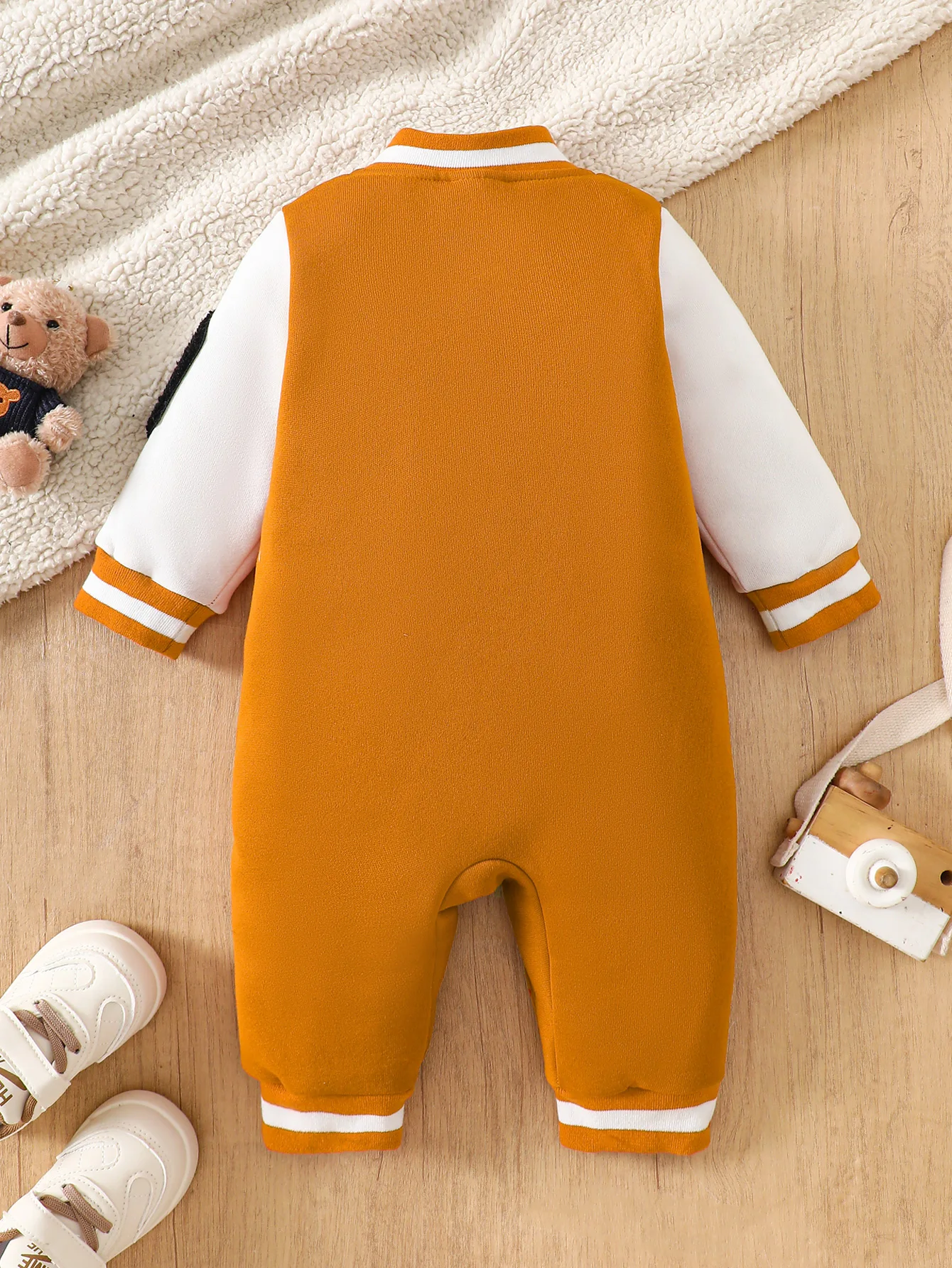 【Retro Baseball Style】Baby Boy Fleece-Lined Jumpsuit Caramel Orange Color Block Design + Heavy Embroidery + Bear and Penguin Pattern Baby Autumn/Winter Outfit thumbnail 2