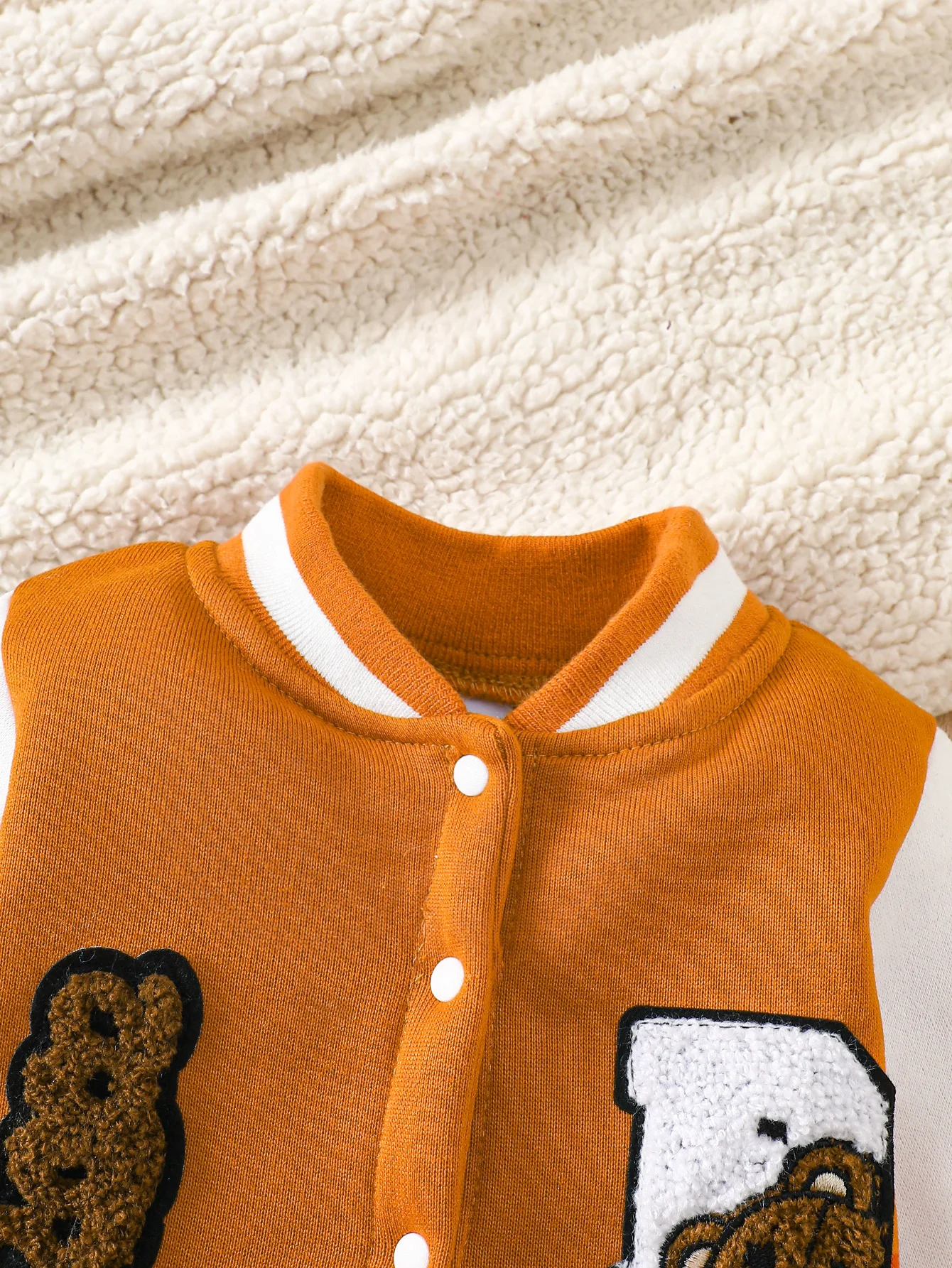 【Retro Baseball Style】Baby Boy Fleece-Lined Jumpsuit Caramel Orange Color Block Design + Heavy Embroidery + Bear and Penguin Pattern Baby Autumn/Winter Outfit thumbnail 3
