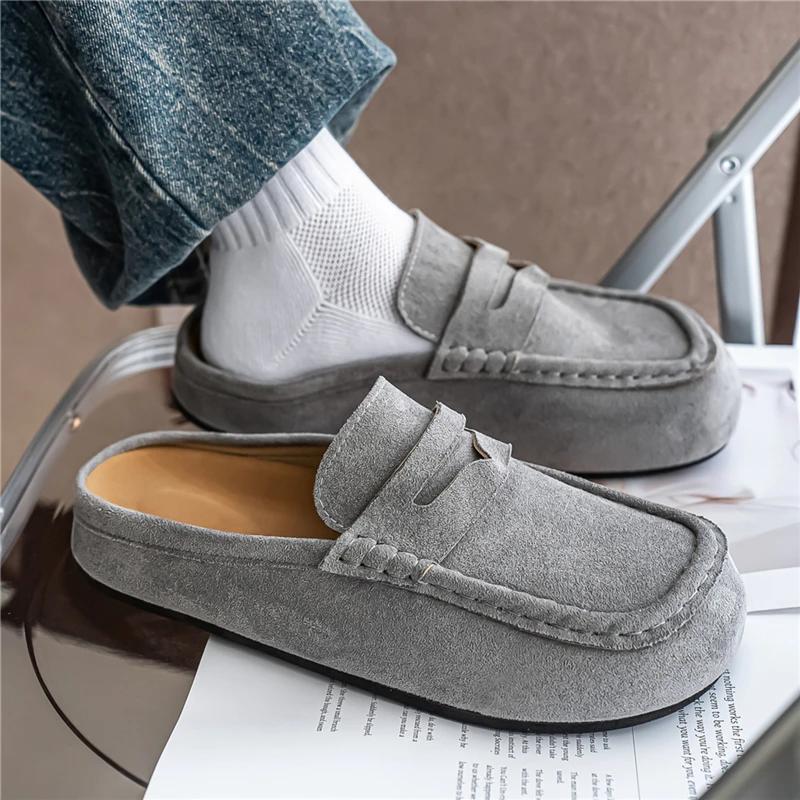 Fashion Comfortable Men's Casual Shoes Leather Loafers Half Slippers Slip-on Lazy Driving Shoes Couple Breathable Walking Shoes thumbnail 4