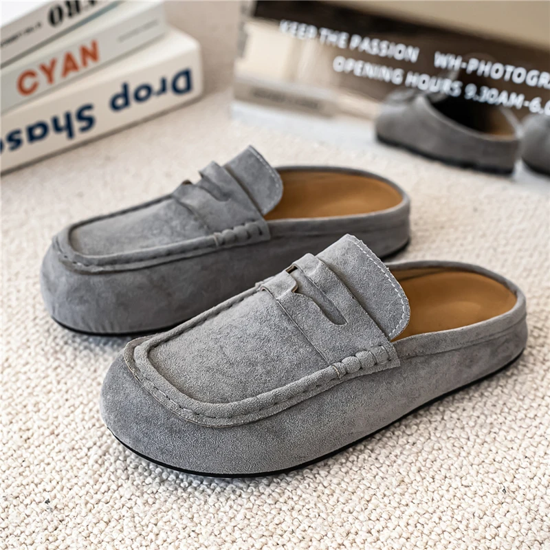 Fashion Comfortable Men's Casual Shoes Leather Loafers Half Slippers Slip-on Lazy Driving Shoes Couple Breathable Walking Shoes thumbnail 2