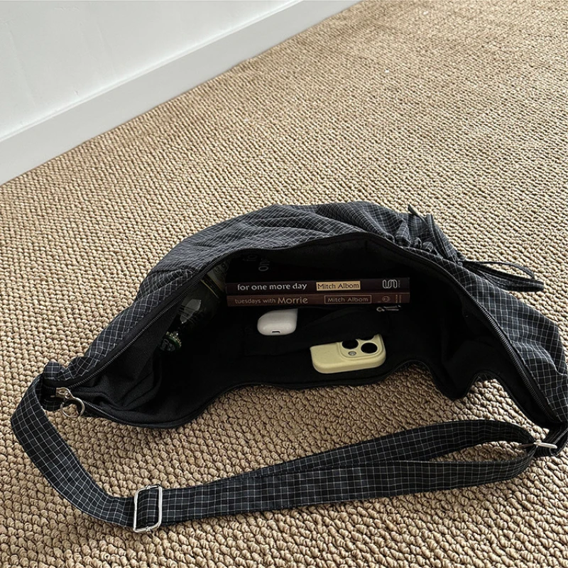 Retro Plaid Hobos Messenger Bags for Women Drawstring Pocket Nylon Dumpling Bag Large Capacity Portable Travel Shoulder Bags thumbnail 5