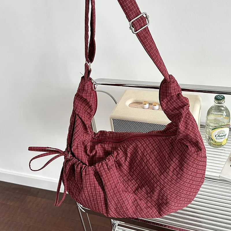 Retro Plaid Hobos Messenger Bags for Women Drawstring Pocket Nylon Dumpling Bag Large Capacity Portable Travel Shoulder Bags thumbnail 2