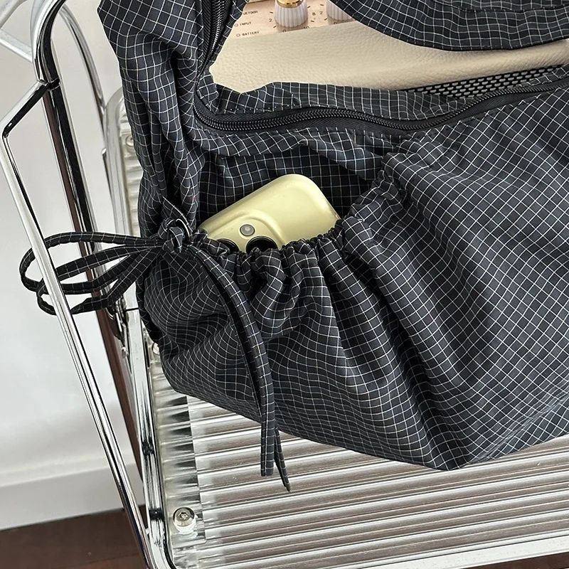 Retro Plaid Hobos Messenger Bags for Women Drawstring Pocket Nylon Dumpling Bag Large Capacity Portable Travel Shoulder Bags thumbnail 4