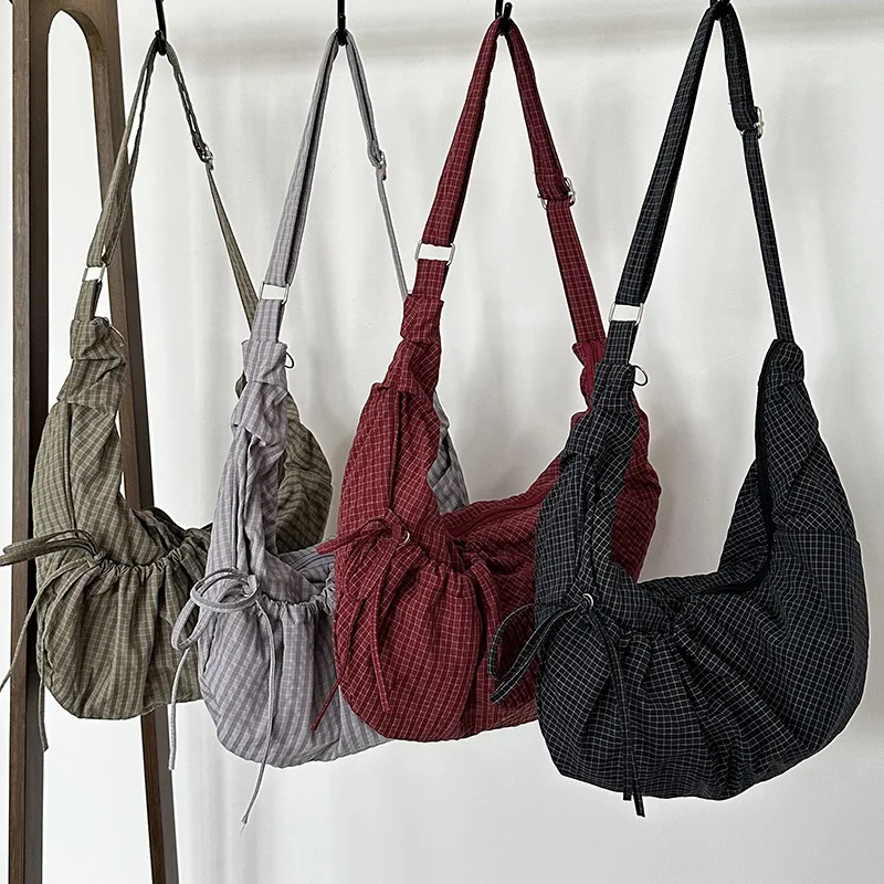 Retro Plaid Hobos Messenger Bags for Women Drawstring Pocket Nylon Dumpling Bag Large Capacity Portable Travel Shoulder Bags